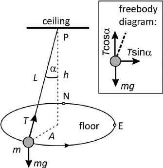 Diagram of an object in conical motion, accompanied by a free body diagram